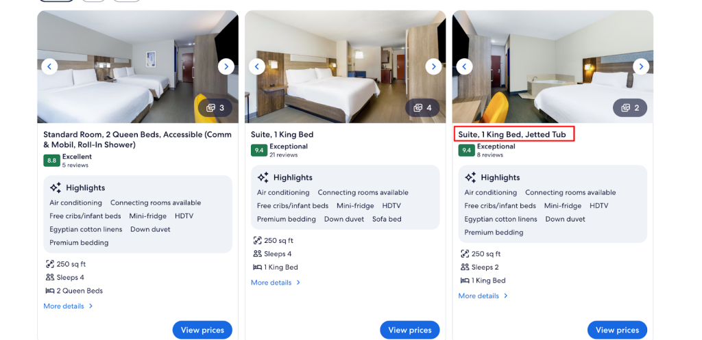 Hotel booking cards showing room options, including a suite with a jetted tub and guest ratings